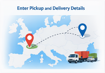 Pickup and delivery locations shown on a European transport route map